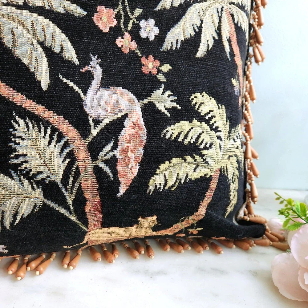 Vintage Tapestry Pillow Decorative Tropical Monkey Palm Tree Beaded Edge Feather